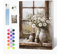 Auremi Iron Bucket Flower Paint by Numbers Kits for Adults Children,Window Painting Kits for Beginners On Clear Symbols Canvas with Wooden Framed, Easy DIY Acrylic Pigment Drawing 20x30cm