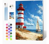 Auremi Lighthouse Paint by Numbers Kits for Adults Children,Landscape Painting Kits for Beginners On Clear Symbols Canvas with Wooden Framed, Easy DIY Acrylic Pigment Drawing 20x30cm