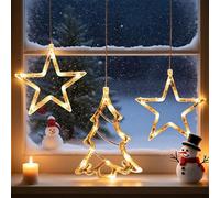 Aurevita Christmas Window Decorations, 3-Piece LED Window Lights - 2x Five-Pointed Star, 1x Christmas Tree, Battery Operated with Timer, Suction Cup Window Decor for Indoor Use, Batteries Not Included