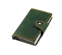 AurexaFashion Genuine Leather Front Pocket Wallet Card Holder for Men with Snap Closure, Metal Pop Up Card Holder Case, Crazy Horse Leather Minimalist RFID Blocking, #06 Green, Minimalist. 3.8” x 2.6
