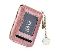AurexaFashion Women Genuine Leather ID Card Case Minimalist Wallet with Key Chain. RFID Blocking 12 Credit Card Holder Purse., #3 Pink, 4.3" X 3" x 0.7" Minimalist, Real Leather Credit Card Id Case