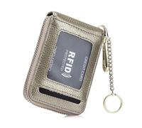AurexaFashion Women Genuine Leather ID Card Case Minimalist Wallet with Key Chain. RFID Blocking 12 Credit Card Holder Purse., #4 Gold, 4.3" X 3" x 0.7" Minimalist, Real Leather Credit Card Id Case