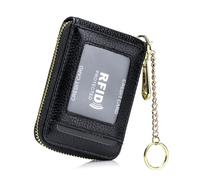 AurexaFashion Women Genuine Leather ID Card Case Minimalist Wallet with Key Chain. RFID Blocking 12 Credit Card Holder Purse., #1 Black, 4.3" X 3" x 0.7" Minimalist, Real Leather Credit Card Id Case
