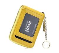 AurexaFashion Women Genuine Leather ID Card Case Minimalist Wallet with Key Chain. RFID Blocking 12 Credit Card Holder Purse., #8 Yellow, 4.3" X 3" x 0.7" Minimalist, Real Leather Credit Card Id Case