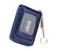 AurexaFashion Women Genuine Leather ID Card Case Minimalist Wallet with Key Chain. RFID Blocking 12 Credit Card Holder Purse., #7 Dark Blue, 4.3" X 3" x 0.7" Minimalist, Real Leather Credit Card Id