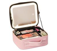 Auricrest Travel Makeup Bag, Auricrest Makeup Case with LED Lighted Make up Case with Mirror 3 Color Setting Cosmetic Makeup Box Organizer, Make up Bag with Adjustable Dividers (Pink)