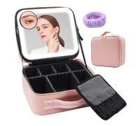 Auricrest Travel Makeup Bag, Beauty Reformation Travel Makeup Bag with Adjustable Dividers,Cosmetic Storage Box with 3 Color Modes LED Lighted and Mirror (Pink,with 10x Magnifying Glass)
