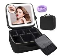 Auricrest Travel Makeup Bag, Beauty Reformation Travel Makeup Bag with Adjustable Dividers,Cosmetic Storage Box with 3 Color Modes LED Lighted and Mirror (Black,with 20 Magnifying Glass)