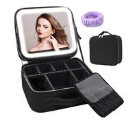 Auricrest Travel Makeup Bag, Beauty Reformation Travel Makeup Bag with Adjustable Dividers,Cosmetic Storage Box with 3 Color Modes LED Lighted and Mirror (Black,Only Bag)