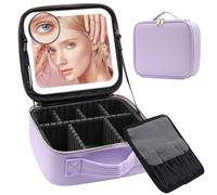 Auricrest Travel Makeup Bag, Beauty Reformation Travel Makeup Bag with Adjustable Dividers, Large Capacity Cosmetic Bags with LED Lighted Rechargeable Portable Organizer Bags for Women(Purple)