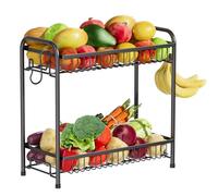 AURIKAR 2 Tier Fruit Basket, Detachable Metal Fruit Stand Holder with 2 Banana Hangers, Large Capacity Countertop Fruit Bowl for Kitchen Counter Storage, Organizes Vegetables, Bread, Snacks, Black
