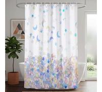AURISSE Stars and Moon Celestial Shower Curtain, 180 x 180 cm Waterproof & Quick-Dry Polyester Fabric with 12 Hooks, Machine Washable Dreamy Bathroom Decor