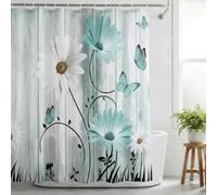 AURISSE Watercolour Teal & White Daisy Pattern Shower Curtain, 180 x 180 cm Waterproof & Quick-Dry Polyester Fabric with 12 Hooks, Machine Washable Bathroom Décor (Teal & White 14)
