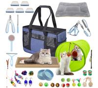 AURIXUS 39PCS Kitten Starter Kit, Ideal for Cats Under 6 Months, Cat Supplies, Featuring 23-Piece Toy Set, Bed, Carrier, Single-use Litter Box, Bowls & More, Perfect for New Cat Owners - Blue