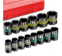 Aurlloct 14-Piece 1/2" Drive Shallow Impact Socket Set, 11-22mm, Semi-Deep Sockets, CR-V, Socket Set for Automotive and Home, Metric, 6 Point