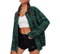 Aurlust Plaid Shirt Women, Women Casual Shirt Fashion, Fall Flannel Turn-Down Collar Oversized Checked Shirt Blouse Tops for Ladies (Dark Green, Medium)