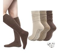 Aurmly Pilates Socks with Grips for Women 3 Pairs, Ladies Cotton Long Scrunch Non Slip Socks for Yoga Barre Hospital Slouch Slipper Socks UK4-8