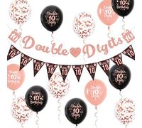 Aurmonigo 10th Birthday Decorations Girl - Black Rose Gold Double Digits Banner Happy Birthday Balloons Confetti Latex Balloon, Bunting for 10 Years Old Girl Party Decoration Supplies