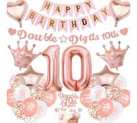 Aurmonigo 10th Birthday Decorations Girl - Rose Gold Double Digits Happy Birthday Banner Foil Balloons, Confetti Latex Balloon Cake Topper for 10 Years Old Party Supplies
