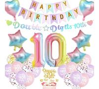 Aurmonigo 10th Birthday Decorations Girls - Colorful Double Digits Happy Birthday Banner Foil Balloons, Confetti Latex Balloon Cake Topper for 10 Years Old Party Supplies