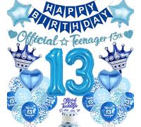 Aurmonigo 13th Birthday Decorations Boy - Blue Official Teenager Happy Birthday Banner Latex Confetti Balloons, Foil Balloon Cake Topper for 13 Years Old Boys Party Supplies