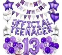 Aurmonigo 13th Birthday Decorations for Girls - 68 Pieces Purple Official Teenager Party Supplies, Happy Birthday Banners Pennants Sash Cake Toppers Balloons for 13 Year Old Kids Party Decor