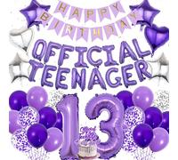 Aurmonigo 13th Birthday Decorations for Girls - Purple Party Supplies with Happy Birthday Banner, Letter, Star, Heart, Number Balloons, and Cake Topper for 13-Year-Old Official Teenager Party