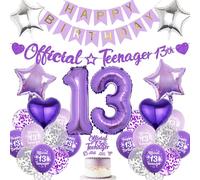 Aurmonigo 13th Birthday Decorations Girls - Purple Official Teenager Happy Birthday Banner Latex Confetti Balloons, Foil Balloon Cake Topper for 13 Years Old Girl Party Supplies