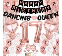 Aurmonigo 17th Birthday Decorations Girl - Rose Gold Happy Birthday Dancing Queen Banner Foil Latex Balloons, Cake Topper Tinsel Curtain for 17 Years Old Girls Party Decoration Supplies