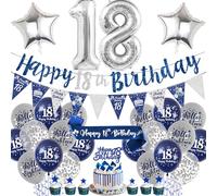 Aurmonigo 18th Birthday Decorations Boys - Blue and Silver Happy Birthday Banner Balloons Cake Topper Number 18 Foil Balloon, Sash Bunting Party Supplies for 18 Years Old Theme Decor