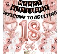 Aurmonigo 18th Birthday Decorations for Girls - Rose Gold Happy Birthday Welcome to Adulting Banner Foil Latex Balloons, Cake Topper Tinsel Curtain for 18 Years Old Girl Party Decoration Supplies