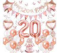 Aurmonigo 20th Birthday Decorations Girl - Rose Gold Happy Birthday Banner Cake Topper Number 20 Foil Balloon Bunting, Hanging Swirls Butterfly Party Supplies for 20 Year Old Party Decoration