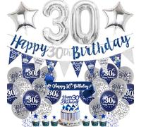 Aurmonigo 30th Birthday Decorations Men - Blue and Silver Happy Birthday Banner Balloons Cake Topper Number 30 Foil Balloon, Sash Bunting Party Supplies for 30 Years Old Theme Decor