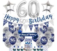 Aurmonigo 60th Birthday Decorations Men - Blue and Silver Happy Birthday Banner Balloons Cake Topper Number 60 Foil Balloon, Sash Bunting Party Supplies for 60 Years Old Theme Decor