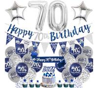 Aurmonigo 70th Birthday Decorations Men - Blue and Silver Happy Birthday Banner Balloons Cake Topper Number 70 Foil Balloon, Sash Bunting Party Supplies for 70 Years Old Theme Decor