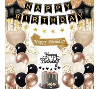 Aurmonigo Black and Gold Birthday Decorations - Happy Birthday Party Decoration Banner Balloons Foil Confetti Balloon, Cake Topper Tinsel Curtain Garland Sash for Women Men Party Supplies