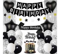 Aurmonigo Black and Silver Birthday Decorations - Happy Birthday Party Decoration Banner Balloons Foil Confetti Balloon, Cake Topper Tinsel Curtain Garland Sash for Boys Men Party Supplies