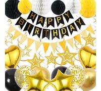 Aurmonigo Black Gold Birthday Decorations - 64Pcs Happy Birthday Banner Bunting Honeycomb Balls Hanging Double Spirals, Heart Foil Balloons Star Decoration for Men and Women Birthday Party