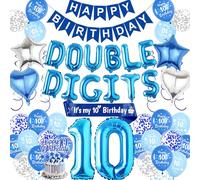 Aurmonigo Blue 10th Birthday Decorations for Boys - 77 Pieces Double Digits Theme Includes Banner, Number 10 Foil Balloons, Hanging Swirls, It’s My Birthday Sash