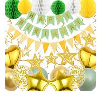 Aurmonigo Green Gold Birthday Decorations - 64Pcs Happy Birthday Banner Bunting Honeycomb Balls Hanging Double Spirals, Heart Foil Balloons Star Decoration for Men and Women Birthday Party