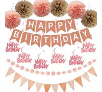 Aurmonigo Happy Birthday Banner Decorations - Rose Gold Party Decoration Happy Birthday Banners Bunting Hanging Swirls Garland, Tissue Paper Pom Poms for Girls Women Adults Supplies