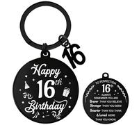 Aurmonigo Happy Birthday Gifts Keyring - Inspirational 16th Engraved Keychain for Boys and Girls, Black Keepsake Presents from Family Grandmother Mum Dad Best Friend Key Ring Gift for 16 Year Old