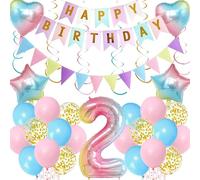 Aurmonigo Rainbow 2nd Birthday Decorations for Girls - 60 Piece Gradient Party Pack with Happy Birthday Banners, Giant Number 2 Foil Balloon, Pennants, Latex Balloons, and Hanging Swirls