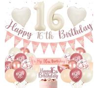 Aurmonigo Sweet 16 Pink Birthday Decorations - Retro Rose Gold Happy 16th Birthday Decor for Her Number 16, Heart Balloons Cake Topper Sash Bunting Banner for Girls Party Supplies