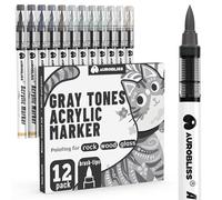 Aurobliss Dark & Light Grey Marker Pen Permanent, 12pcs Gray Tones Acrylic Paint Pens for Rock Painting, Glass, Wood, Metal, Canvas Deco Acrylic Pen Brush Tip