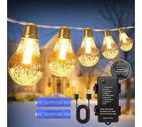 aurogeek Outdoor Battery String Lights with Remote 5000mAh 9m/30ft Rechargeable Large LED Festoon for Garden Patio Pergola 12 A60 Shatterproof Bulbs, 2700K, IP64, 8 Modes