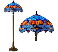 Auroh Tiffany Floor lamp, 16 inch Blue and Amber Dragonfly Stained Glass | Hand-cut leaded glass shade, 165cm tall, cast-iron weighted base, two E27 bulbs up to 40W not included, toggle switch