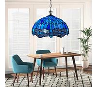 Auroh Tiffany Pendant Light 16 inch Handcrafted Lamp Shade Antique Design Blue Dragonfly Pendant Ceiling Lights for Living Room Decor Home Decor Lounge