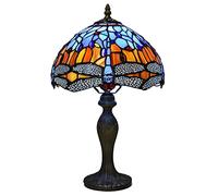 Auroh Tiffany Table lamp, 10 inch Blue and Amber Dragonfly Stained Glass | Hand-cut leaded glass shade, 42cm tall, weighted resin base, one E27 bulb up to 40W not included, toggle switch
