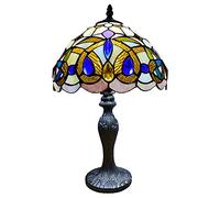 Auroh Tiffany Table lamp, 10 inch Blue and Amber Jewelled Stained Glass | Hand-cut leaded glass shade, 42cm tall, weighted resin base, one E27 bulb up to 40W not included, toggle switch